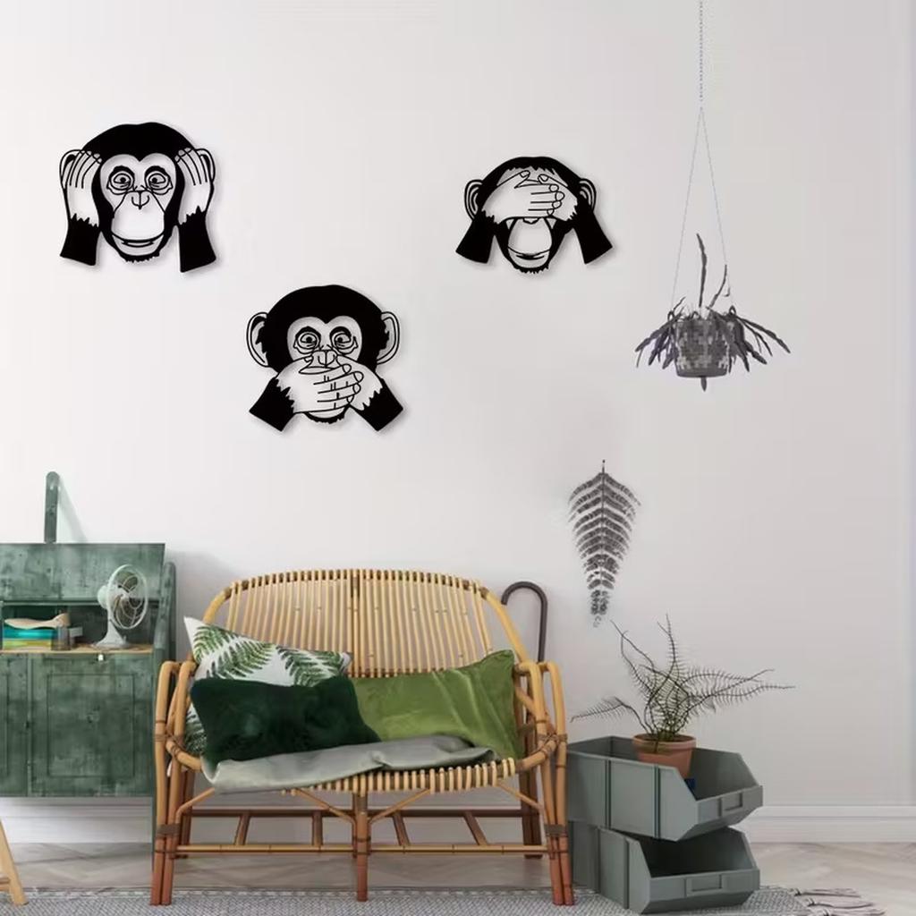 Set di Tre Scimmie in Metallo per Parete Scultura Decorativa Opera d'Arte in Ferro Stile Minimalista Appendi da Parete Moderno per Soggiorno Camera da Letto Ufficio