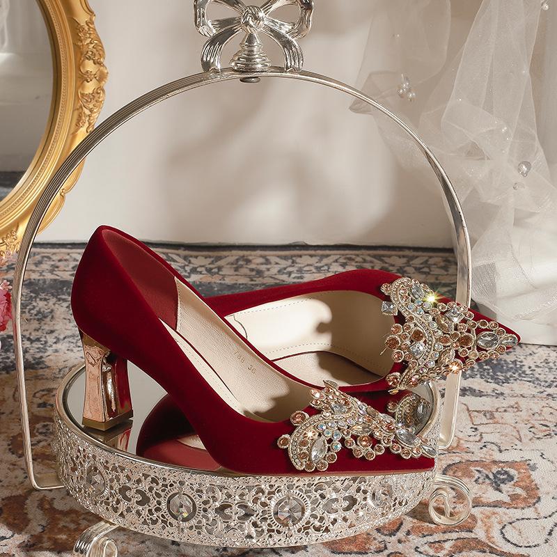 Pointed Heel Suede Red High Heels Women's Banquet Wedding Bridesmaid Shoes Bridal Shoes