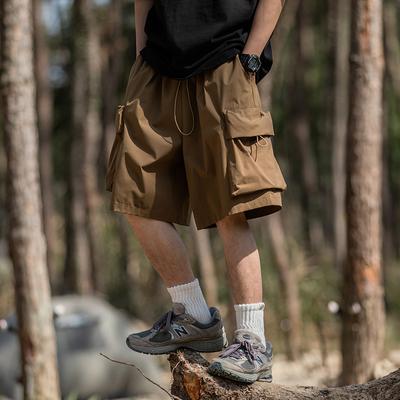 3D Large Pocket Loose Work Shorts for Men's Summer Casual Elastic Rope Sports Function Japanese Five Part Pants