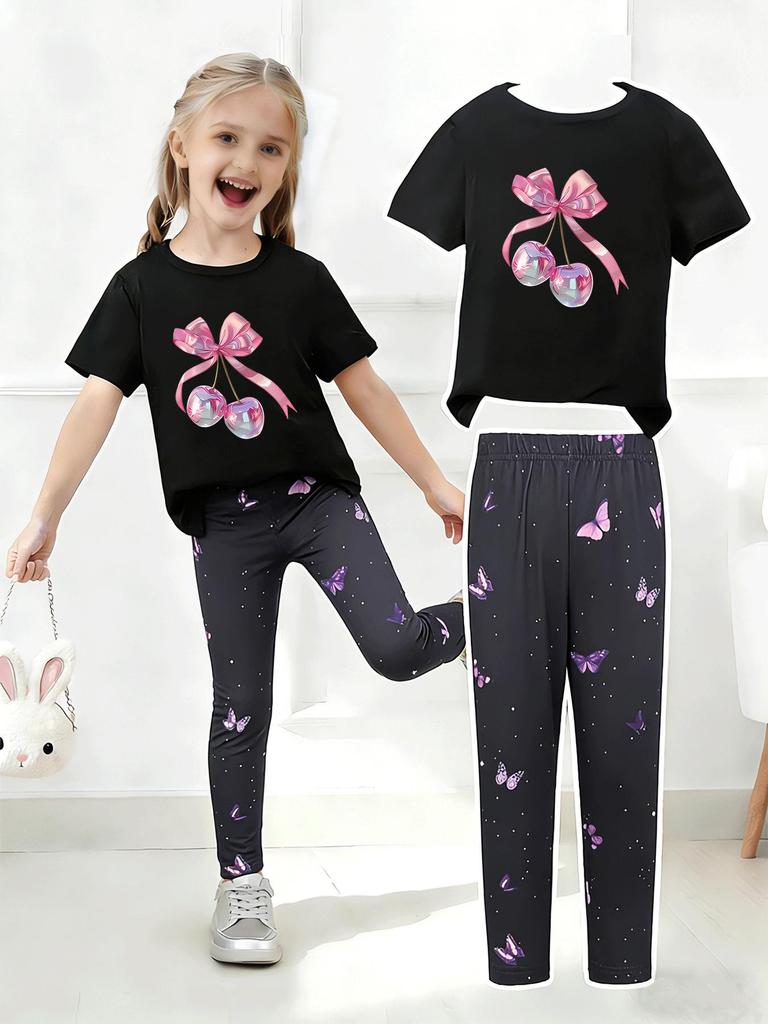 Girls' Summer Casual Short-Sleeve Long Pants Set - European & American Print