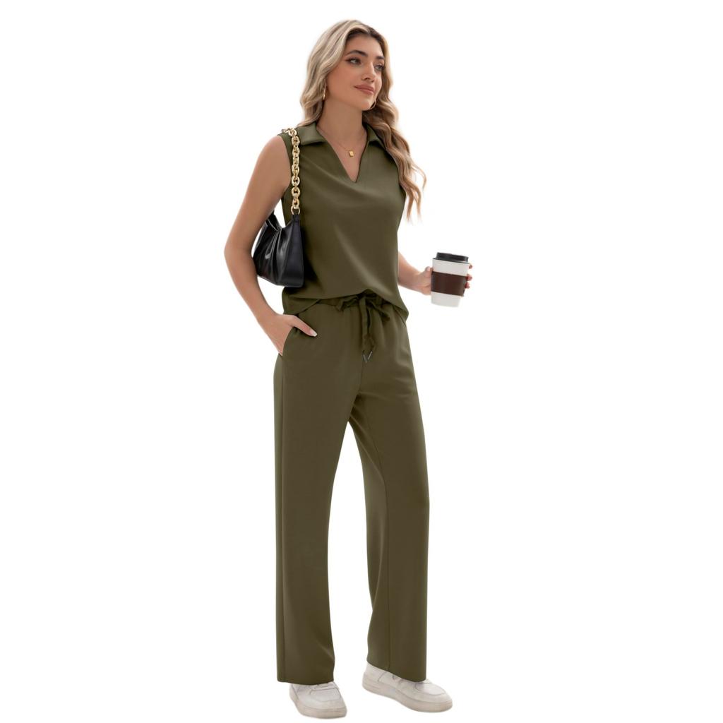 Ladies' Casual Temperament V-neck Casual Top Wide Leg Pants Two-piece Set