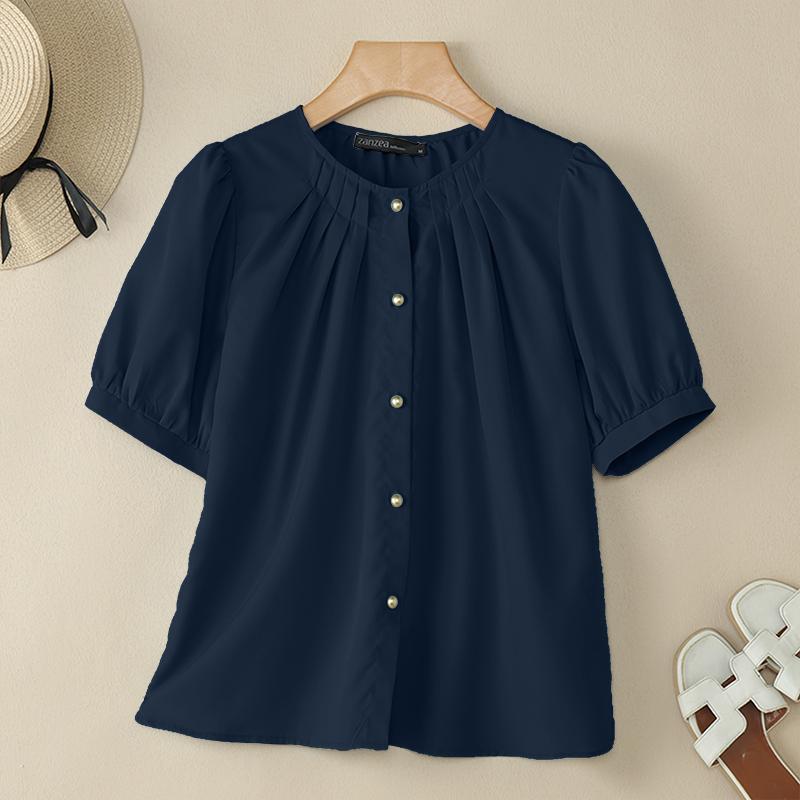 ZANZEA Damen Freizeit Rundhals Einfarbig Kurzarm Bluse