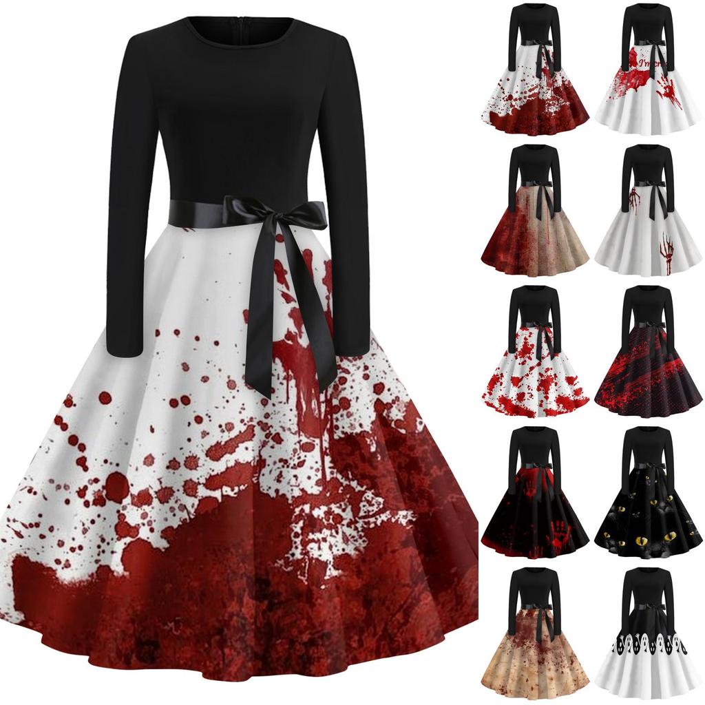 Women's Casual Vintage Halloween Dress Long Sleeve Round Neck Ghost Print Retro Style Midi Dress with Waist Tie for Daily Wear