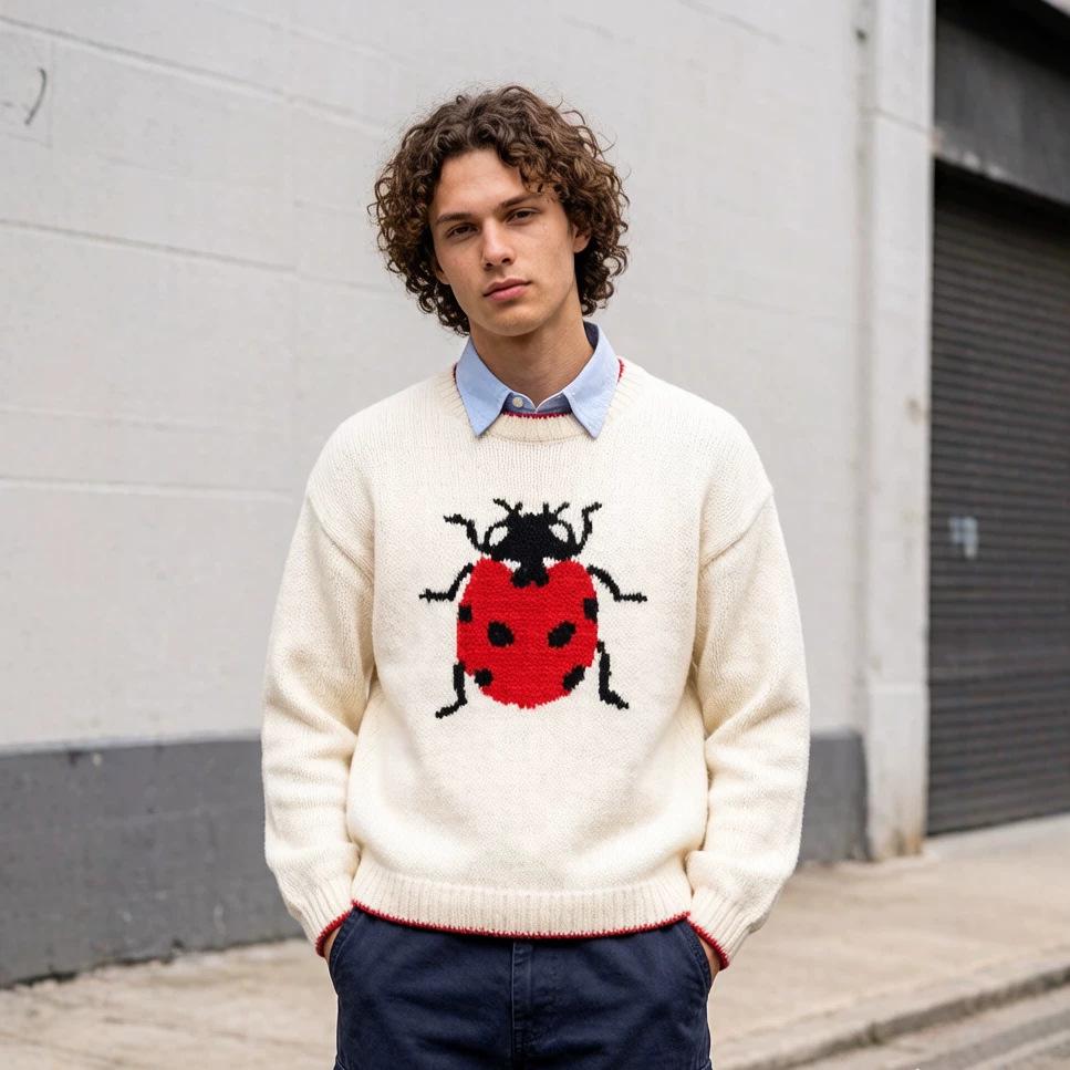Retro Insect Jacquard Long Sleeve Knit Sweater