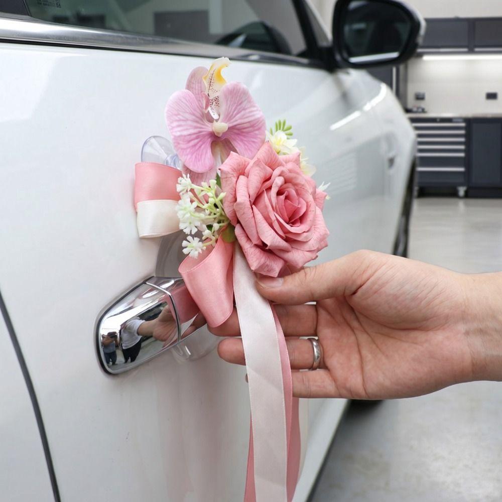 Ribbon Bow Wedding Decor Simulation Rose Car Decoration Artificial Rose Door Handle