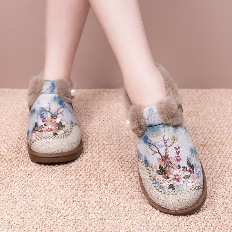 Cotton Shoes, Winter Women's Ethnic Style Women's Boots, Fashion Embroidered Boots, Warm and Comfortable Boots, One-foot Pumps