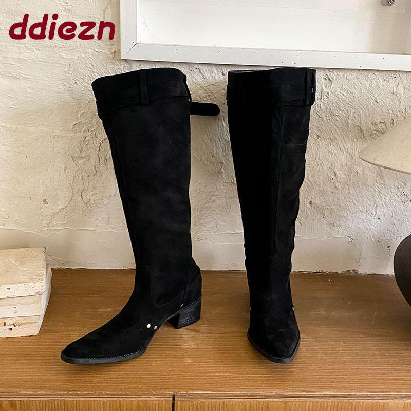 Fashion New Fashion Pointed Toe Modern Ladies Knee High Boots With Heels Shoes Female Buckle Footwear Women Western Long Booties Shoes