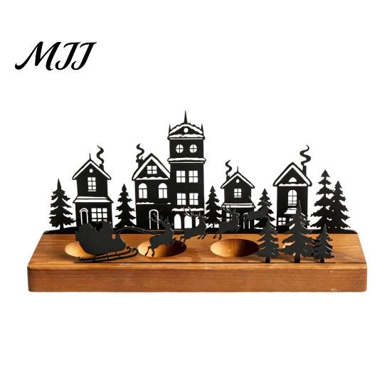 Farmhouse Candle Stand Christmas Town Silhouette Holder, Wooden Tea Light for Holiday Tabletop Decor Decoration, Metal Festive Fireplace and Home