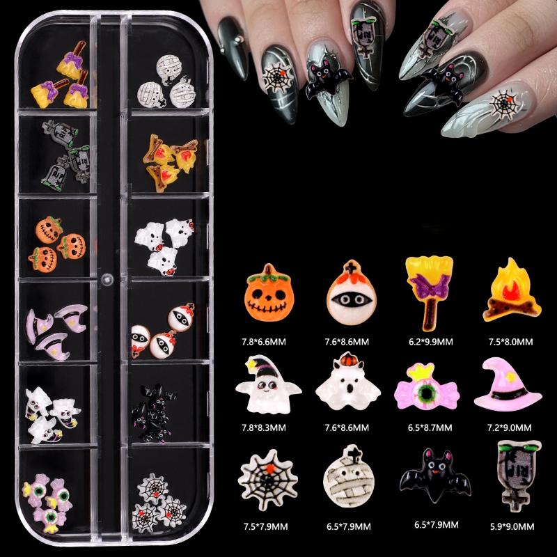 12 Grid Halloween Series Nail Art Jewelry Cartoon Ghost Pumpkin Spider Bat Nail Charms Diy Nail Art Decoration Accessories