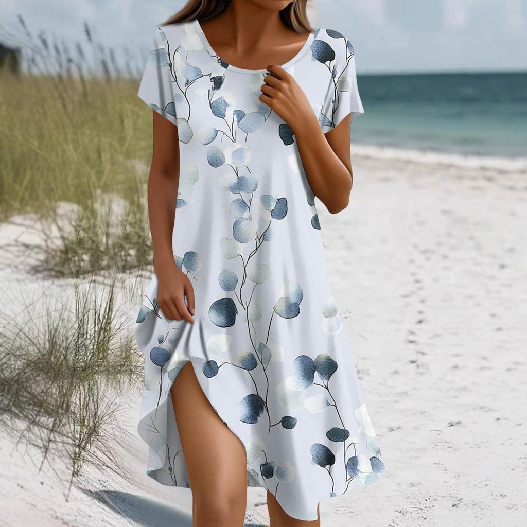 Women's Summer Short Sleeve Round Neck Floral Print Bohemian Dress With Pockets
