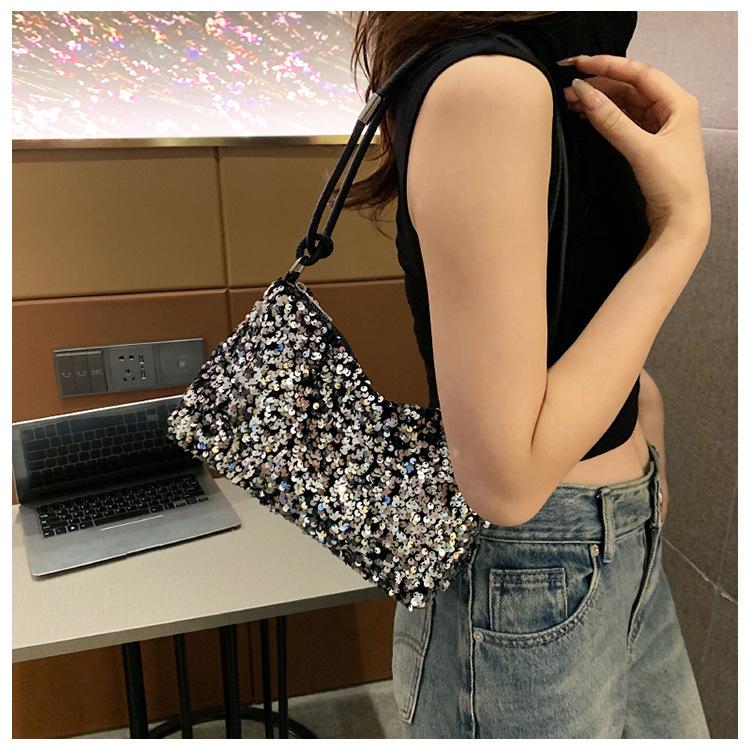Summer New Texture Casual Foreign Sequined Shoulder Bag Personalized Ins Simple Messenger Large Capacity Baguette Bag Women's Bag