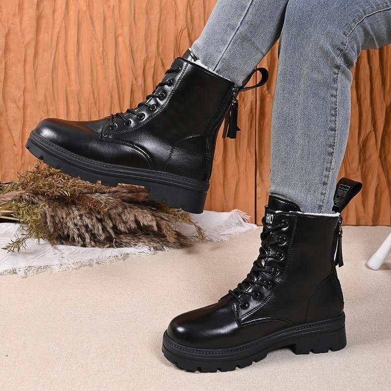 Thick Warm Long Plush Ankle Boots For Women Winter  Lace-Up Pu Leather Motorcycle Boots Woman Plus Size Short Booties Shoes