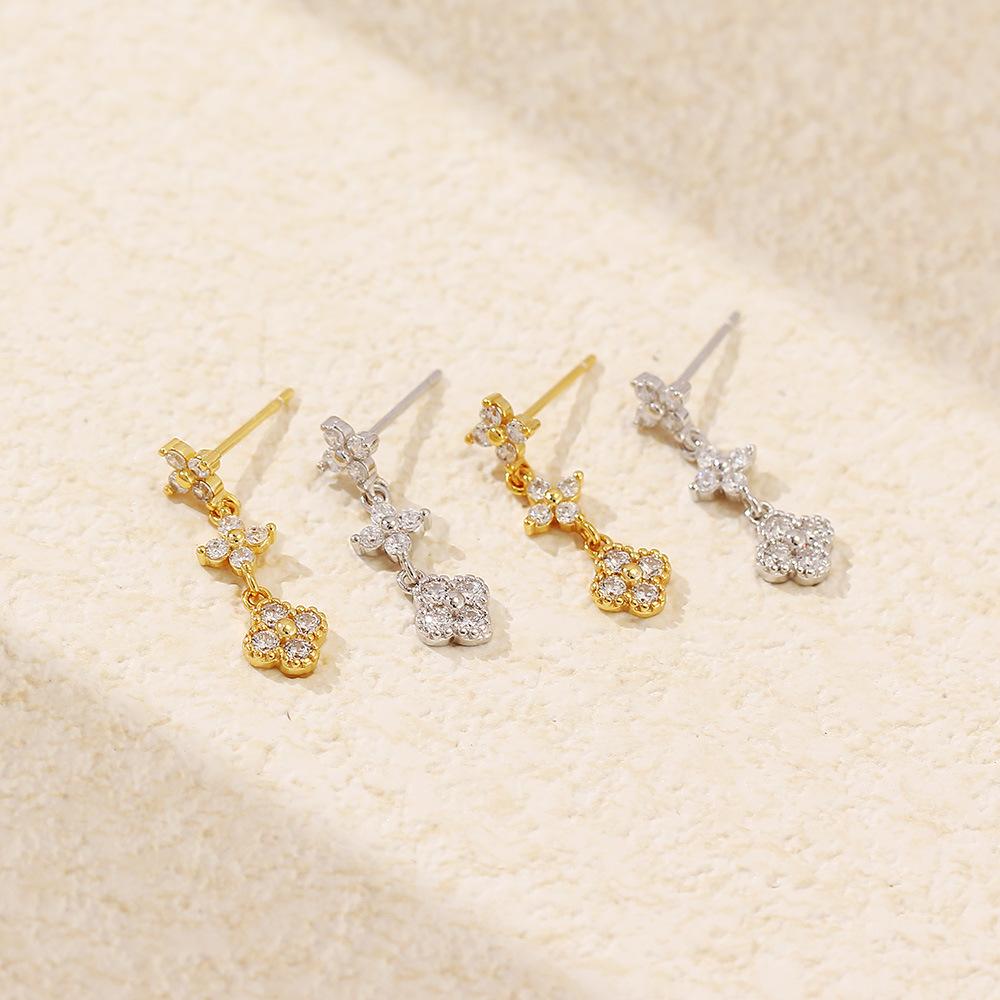 NEW Fashion Jewelry 925 Sterling Silver Flower Pattern Long Tassel Chain Small Zircon Gold Plated Stud Earring Jewelry for Women