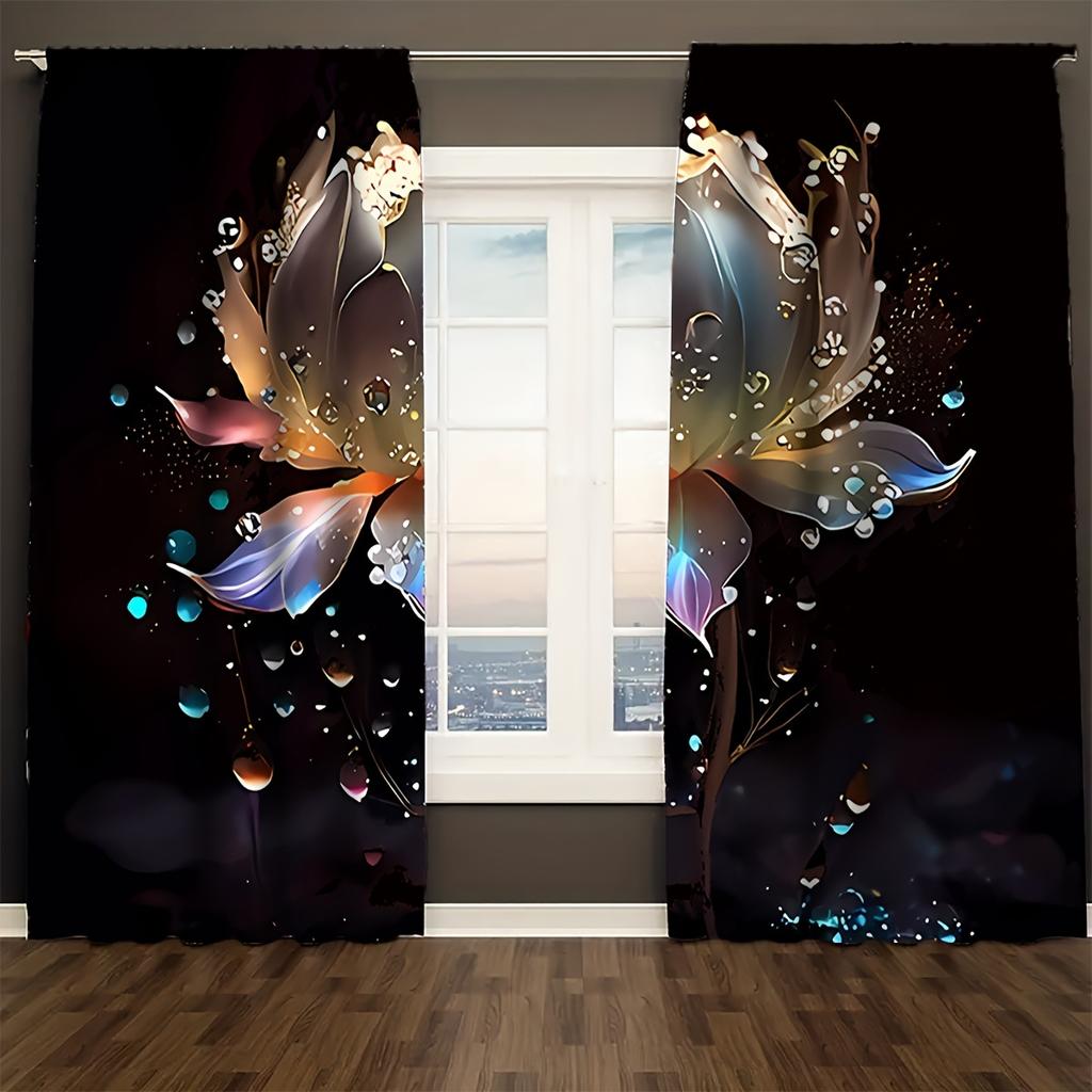 2pcs For Lotus Pattern Semi-Sheer Curtains - Polyester   Machine Washable   with Rod Pocket for Bedroom & Living Room Decor