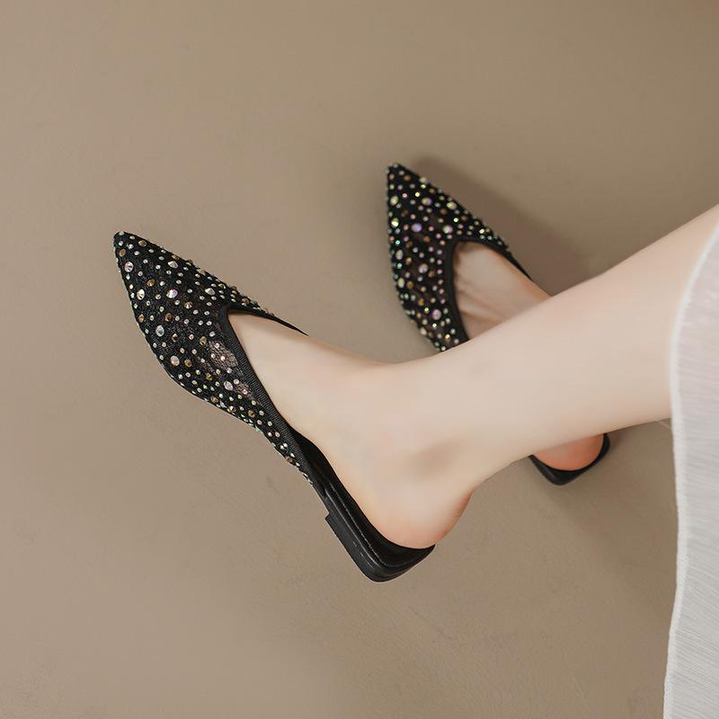 Fashion Pointed Toe Women Lace Slippers Crystal Beading Slides Summer Shoes Woman Embroider Mesh Sandalias Mujer Pantuflas Big Size 43