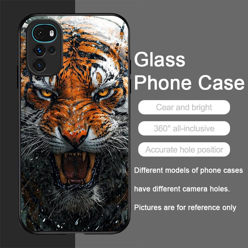 Golden Black Tiger Stripe Flame Print Tempered Glass Phone Case for Motorola Moto G85 G84 G75 Edge 50 Fusion 40 Neo 30 Pro Cover