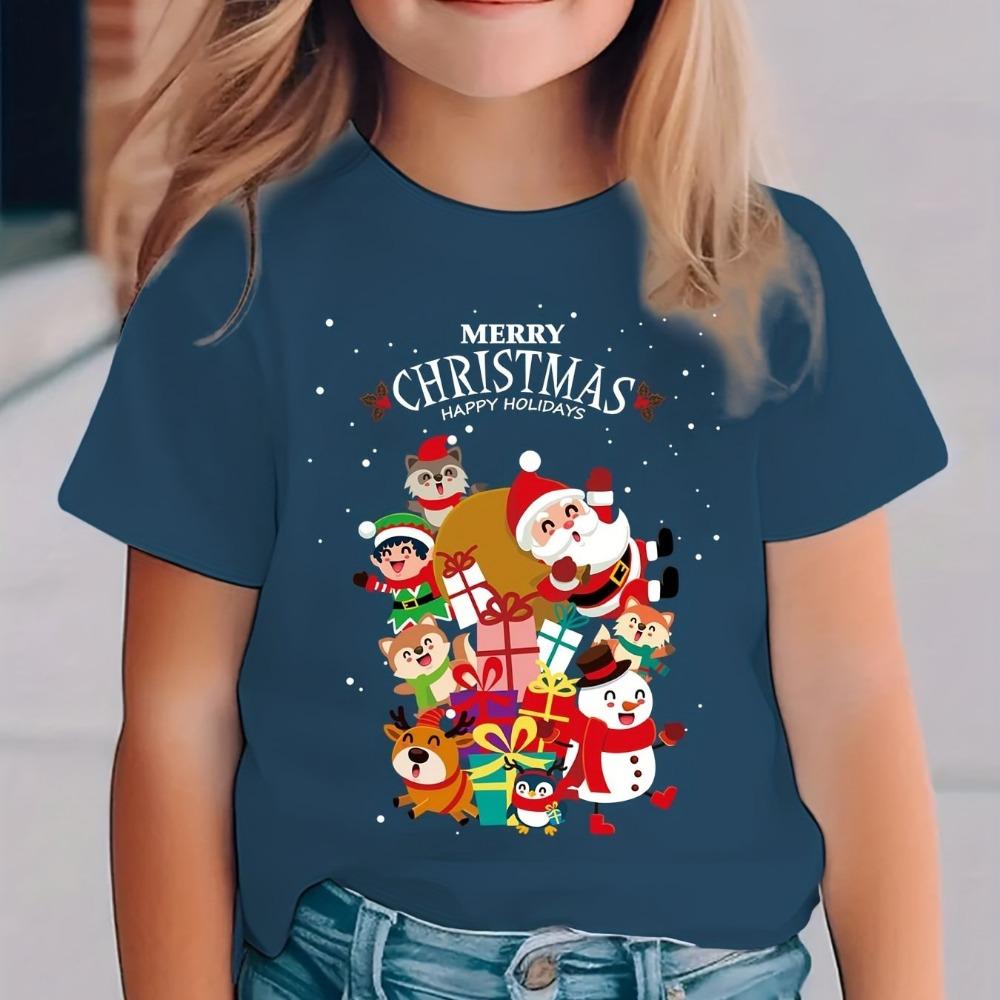 Christmas Summer Fashion Girls' Short Sleeved T-shirt with Santa Claus, Snowman, Cartoon Pattern Print