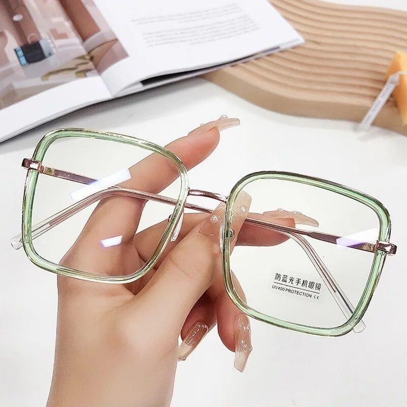 Fashion Anti Blue Light Glasses Large Square Metal Transparent Frame Women Computer Gaming Eye Protection Plain Spectacles