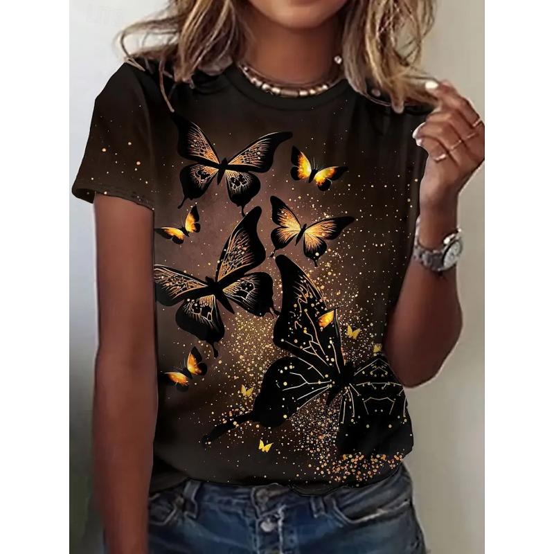 Summer Fashion Women's T-Shirt Beautiful Butterfly Flowers Stylish Printed Casual Short Sleeved Crew Neck Tees Regular Tops