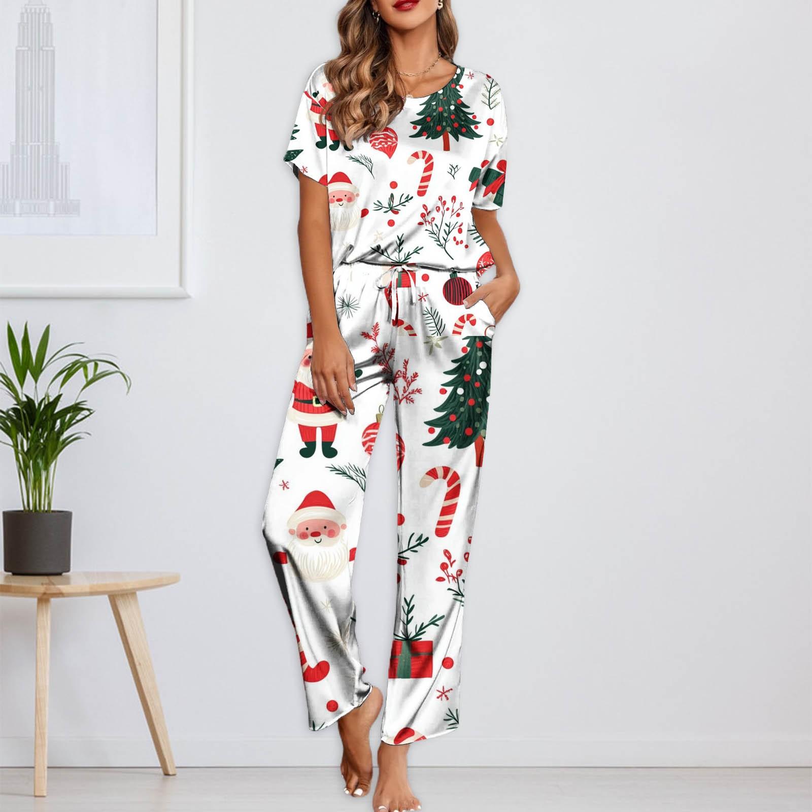 

Женский шелковый атласный пижамный комплект с рождественским принтом, рубашка с коротким рукавом и длинные пижамные штаны, мягкая домашняя одежда S зелёный