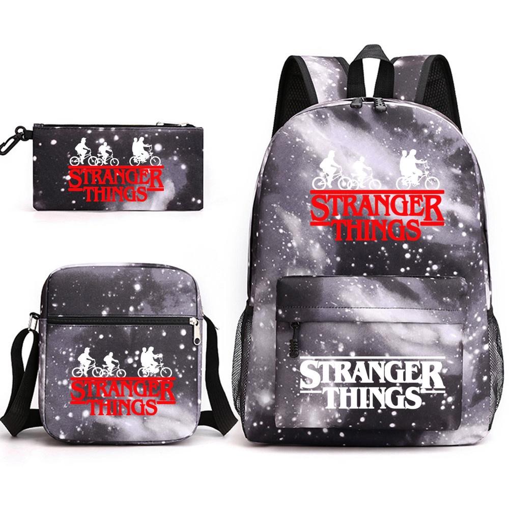 Stylish Stranger Things Canvas Backpack Set Includes Shoulder Bag And Pencil Case Perfect For Casual Travel
