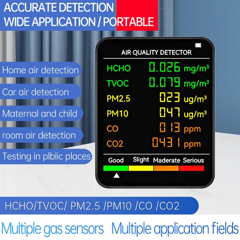 Air Quality Monitor Portable LCD Backlight Screen CO2 TVOC HCHO PM2.5 PM10 Detector with Alarm Air Quality Tester Air Monitor