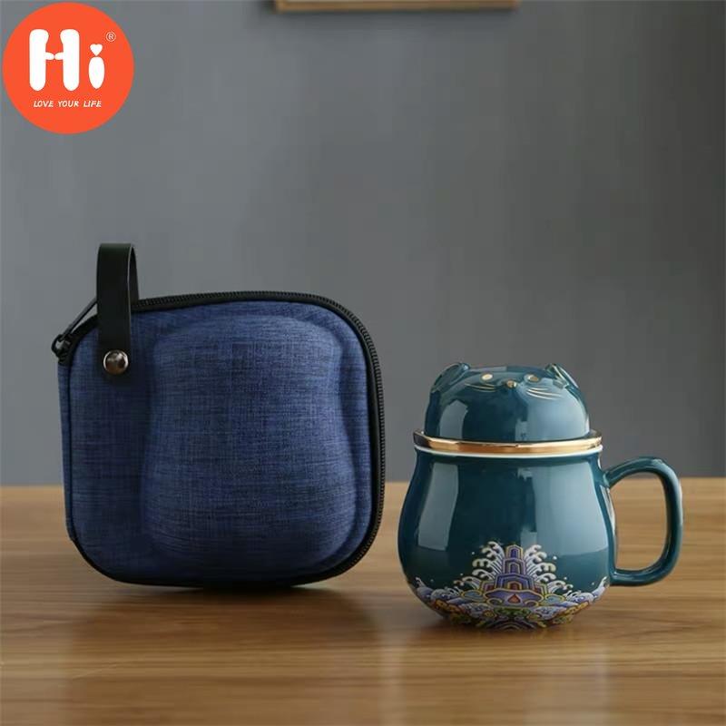 Hi Ceramic Teacup with Infuser and Lid Portable Travel Coffee Cup with Filter and Bag 320ML