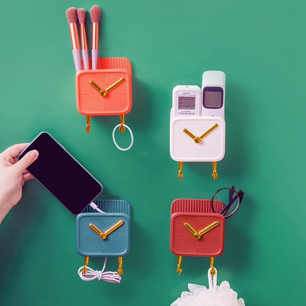 Wall Mounted Storage Box PP Clock Shaped Multifunctional Container with Hooks for Dormitory Bedside