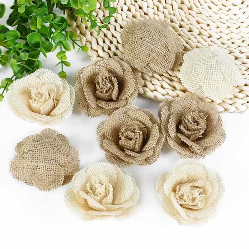1-5Pcs Jute Hessian Burlap Rose Flowers Heads DIY Linen Handmade Flower Craft Accessories Vintage Rustic Wedding Home Decoration