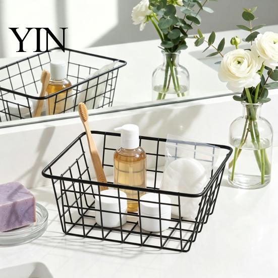Decorative Metal Grid Baskets Iron Storage Basket, Nordic Style Wire Organizer Bin, Large Breathable Mesh Boxes Capacity Container for Kitchen