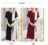 Chic Color-Block High-End Chiffon Midi Dress with Round Neck and Waist-Cinching Design for Women