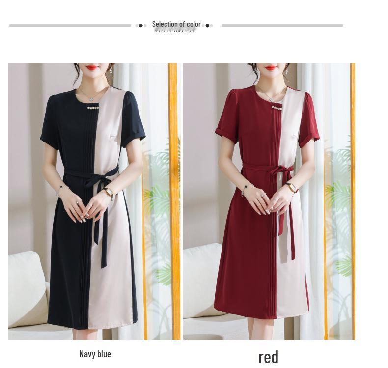 Chic Color-Block High-End Chiffon Midi Dress with Round Neck and Waist-Cinching Design for Women