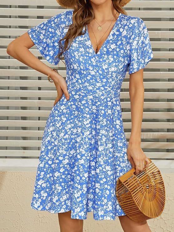 Women's Floral V-Neck A-Line Wrap Dress - Short Sleeve, Elegant & Stylish