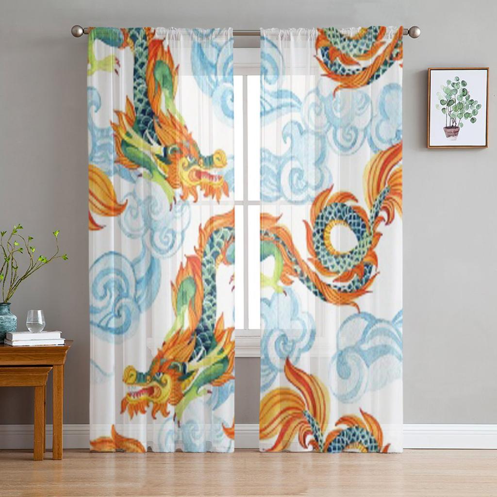 Vintage Chinesische Drachen Gardinen für Wohnzimmer Transparenter Tüll Fenstervorhang Schlafzimmer Küche Wohnkultur Schleier Vorhänge