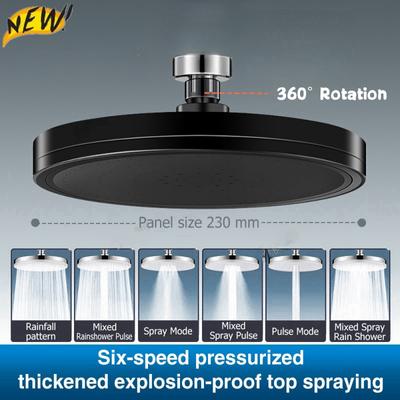 Nyt 6-funktioners Stor Flow Superladning Regn Brusehoved 230mm Rund Højtryk Top Spray Regn Brusehoved Badeværelsestilbehør