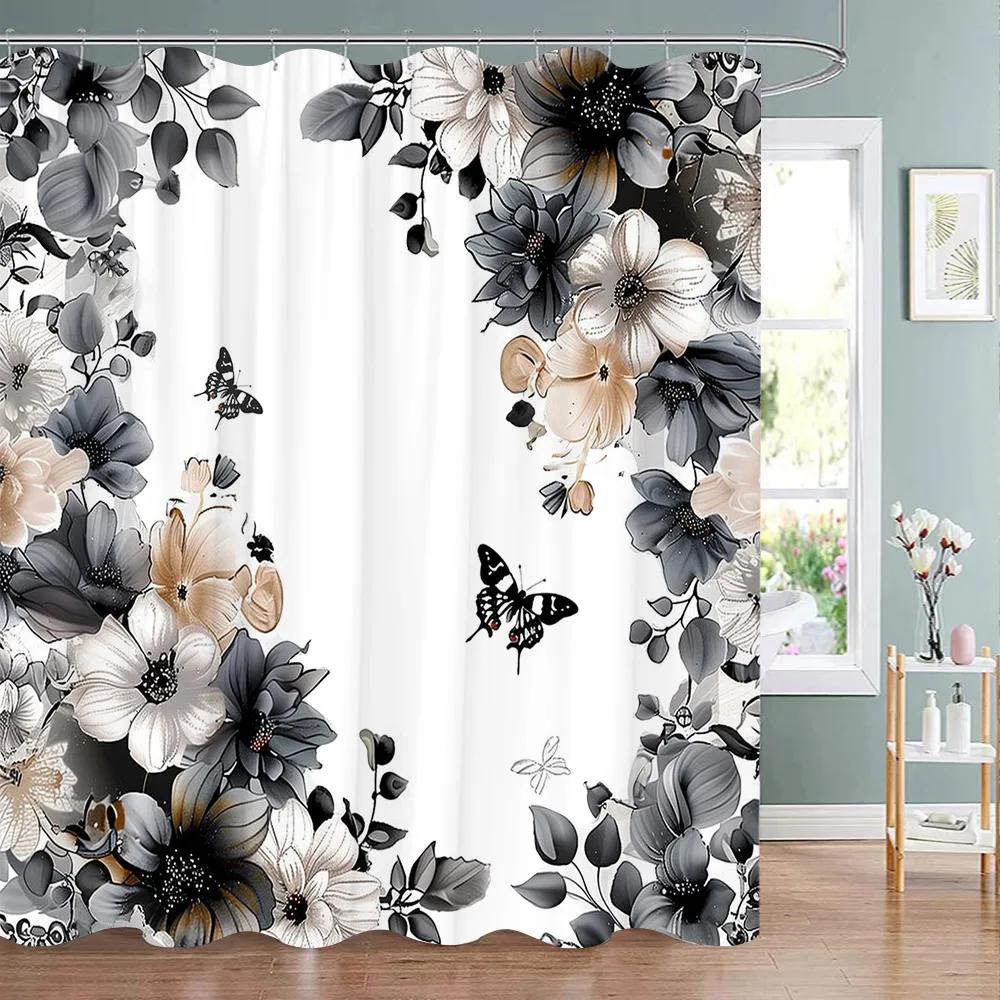 Beautiful Floral And Butterfly Print Shower Curtain Natural Botanical Floral Home Art Shower Curtains Bathroom Decor With Hooks