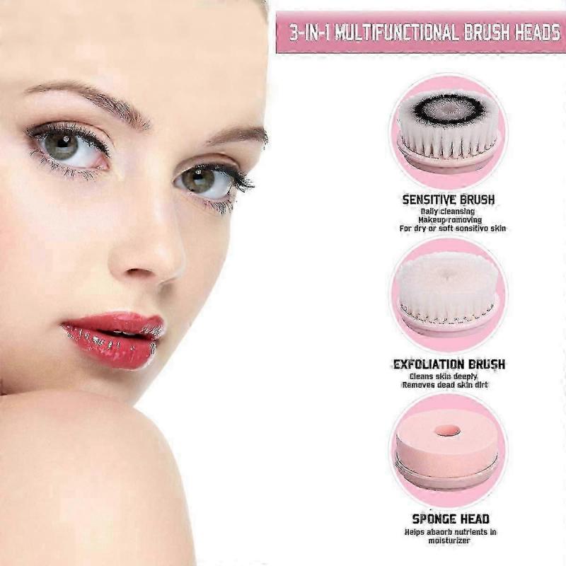 Facial Cleansing Brush - Advanced Cleaning Technology & 3 Brush Heads - USB Rechargeable Electric Rotating Facial (Pink)