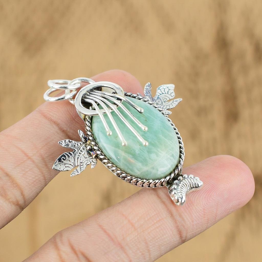 Sterling Silver Heart Chakra Amazonite Stone Handcrafted Trendy Pendant Jewelry
