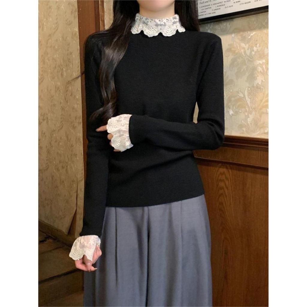 Korean Lace Patchwork High Neck Sweater - Slimming & Flattering Long Sleeve Top for Women