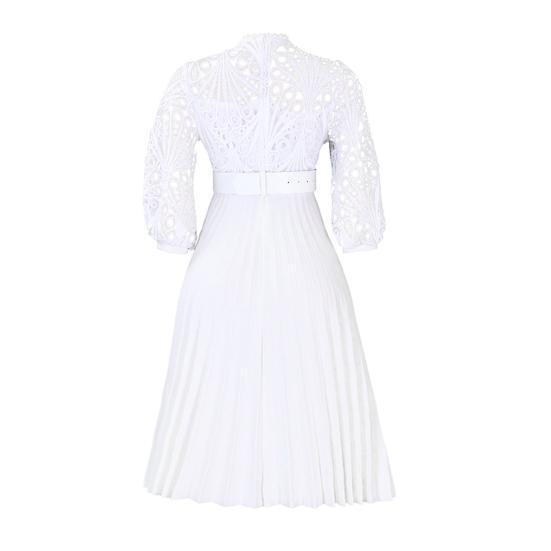 Women's 45720 Sleeve Lace Crochet Midi Dress Hollow Out Eyelet Pleated Swing Dress Fall Casual