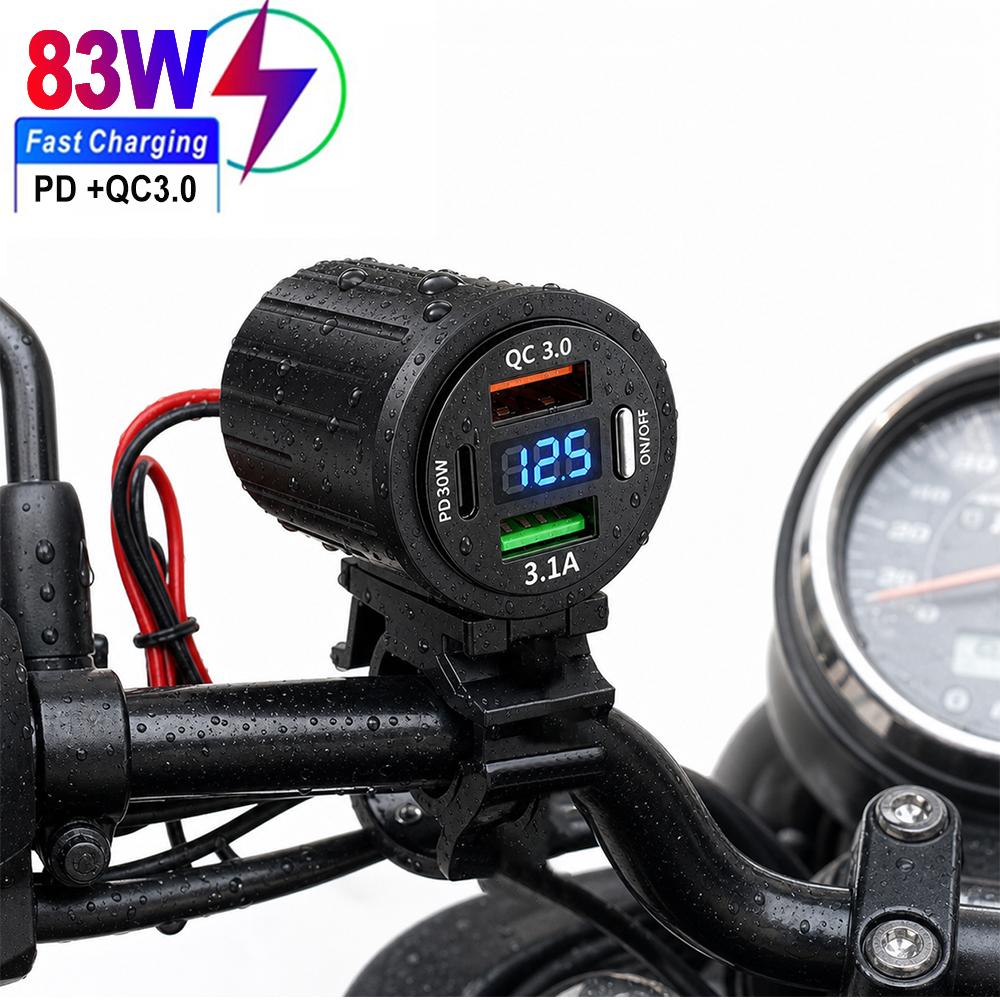 Waterproof Motorcycle Handlebar USB Charger Lighter Adapter 12V Power Socket Type-C Quick Charger for Car Boat ATV