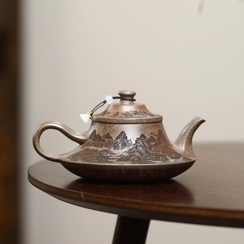 300ml Yixing Purple Clay Teapots Hand-carved Landscape Tea Pot Famous Handmade Zisha Kettle Tea Set Chinese Teaware Gifts