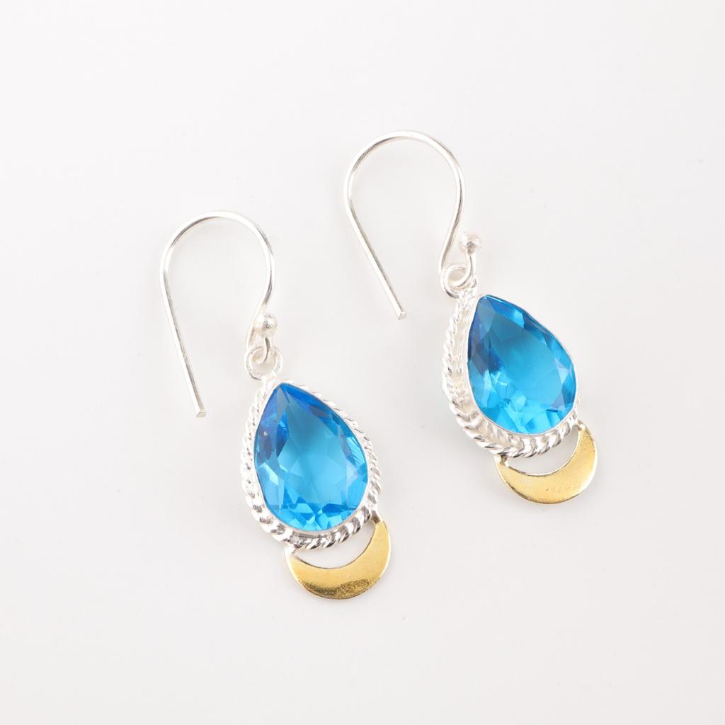 Swiss Blue Topaz Gemstone 925 Fine Silver Jewelry Handmade Earrings 1.5" For Her EE-162-10