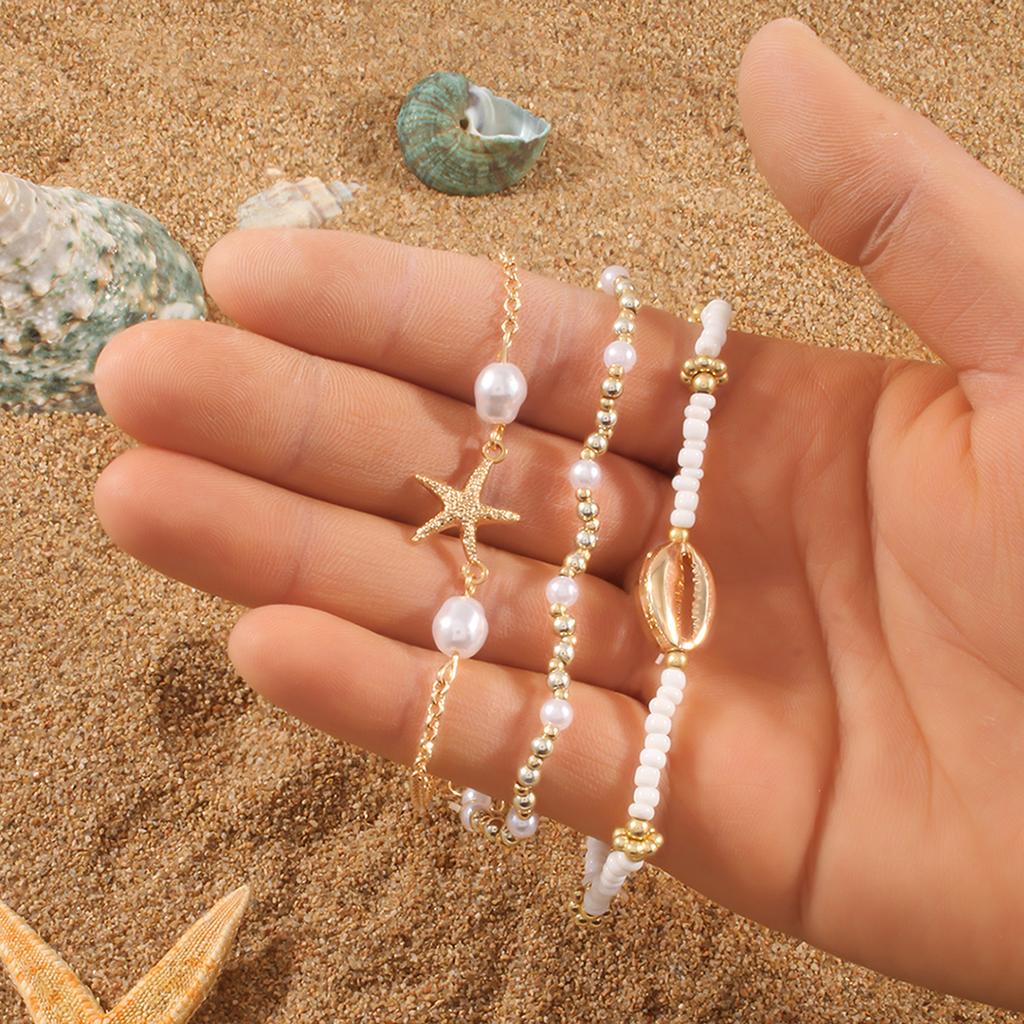 Exquisite Handmade Starfish Shell Bracelet Set Korean CCB Rice Bead Bracelet Women's Daily Party Summer Beach Zircon