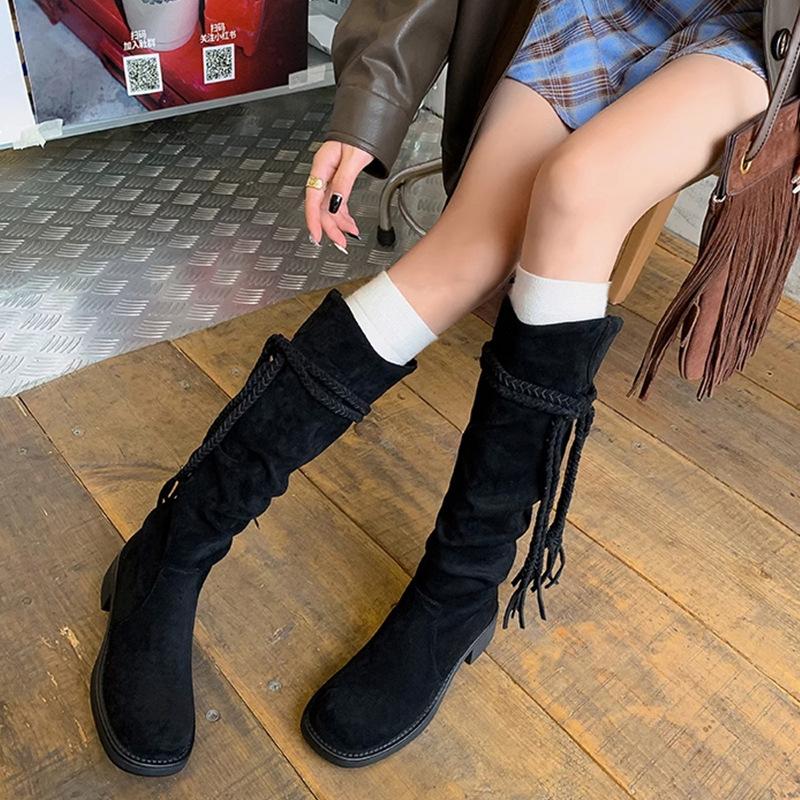 Retro round head wasteland wind fringed knight boots women's 2025 new thick heel but knee thin pile boots