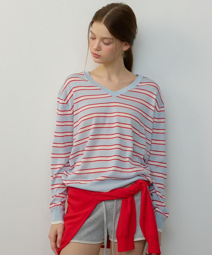 CITYBREEZE Linen V-Neck Striped Pullover Knit_Blue