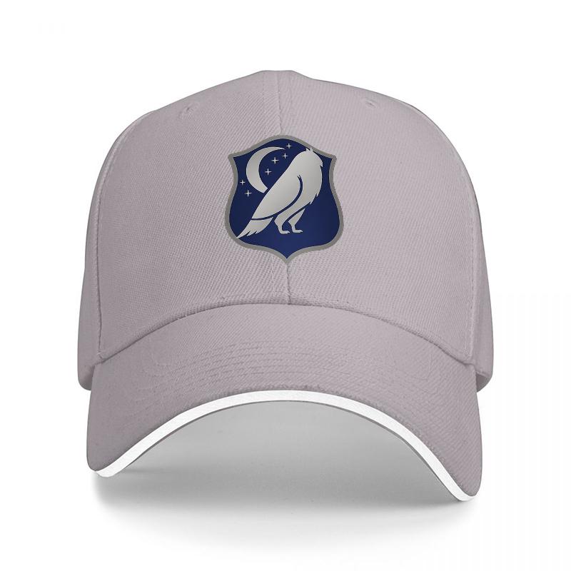 Night Owl Shield Logo Baseball Cap Black with White Trim and Blue Crest Design for Unisex and Women Casual Streetwear Hat