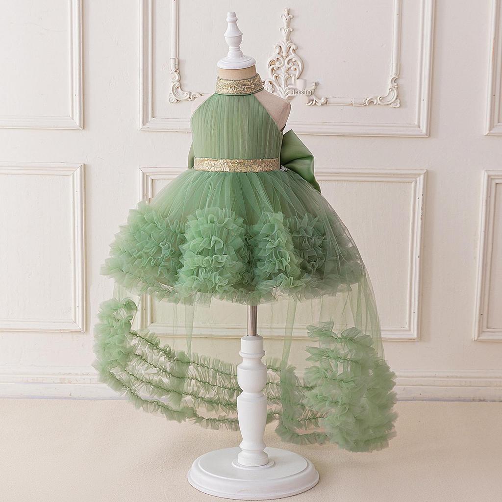 European Newborn Sequined Off-Shoulder Birthday & Christening Gown with Frilled Long Train Skirt