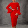Station women's clothing winter new fashion solid color hip wrap horn sleeve OL dress