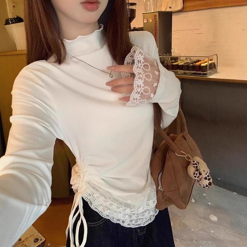 

Cream White Lace Patchwork High Neck Thermal Fleece T-shirt for Women - Slimming Double Layer Long Sleeve Base Layer for Autumn/Winter Extra Large кремовый/белый